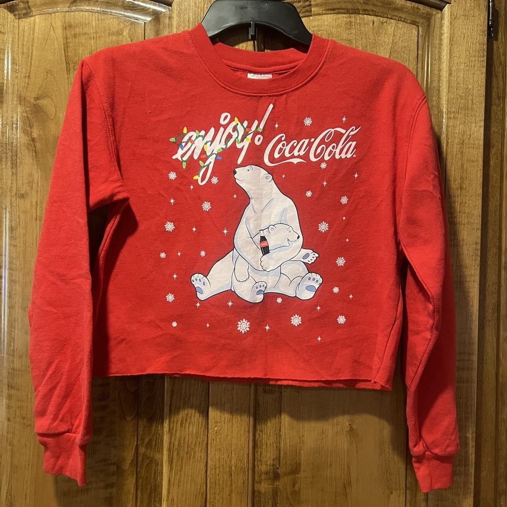 Coca~Cola Cropped‎ Polar Bear Enjoy Long Sleeve Sweatshirt Red Women's Small